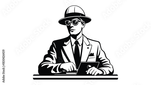 Retro detective in a fedora and glasses sitting at a desk with a gun and notepad investigating a mystery
