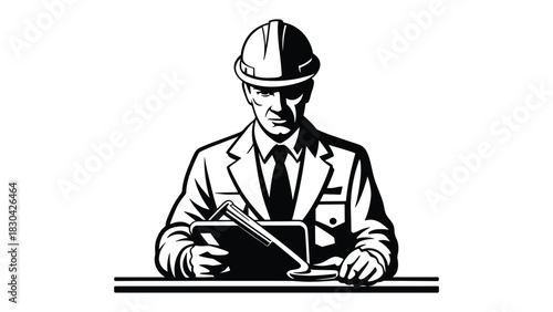 Professional architect or engineer wearing a hard hat and suit diligently taking notes on a clipboard at a desk symbolizing construction planning and project management