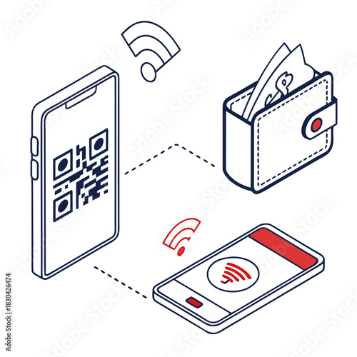 Isometric view of mobile payment and digital wallet concept