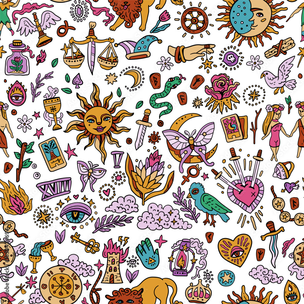 Fototapeta premium Tarot card seamless pattern. Bright background with tarot symbols. Fortune telling, magic. For Saints Day and Halloween. Sun, Moon. Sword, Heart, and Arrows. Magician