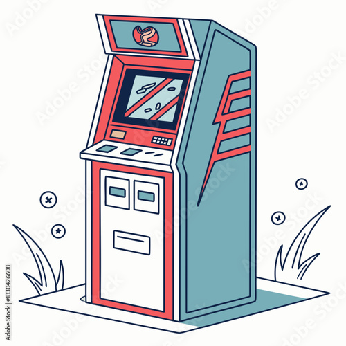 Illustration of a vintage arcade game machine in a room