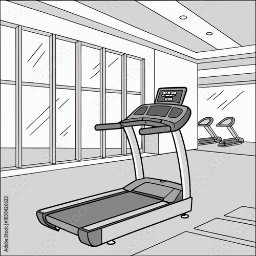 Illustration of a treadmill in a gym with large windows