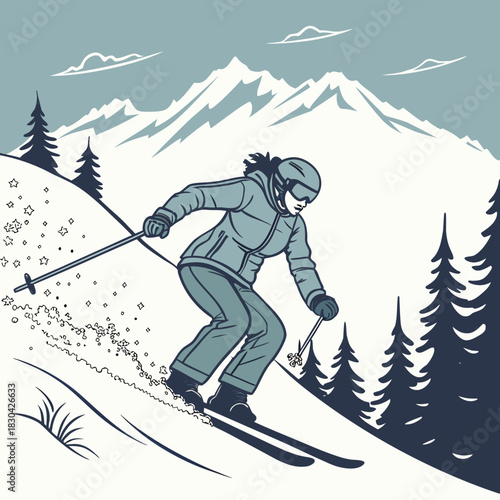 Illustration of a skier on a slope with mountains in view
