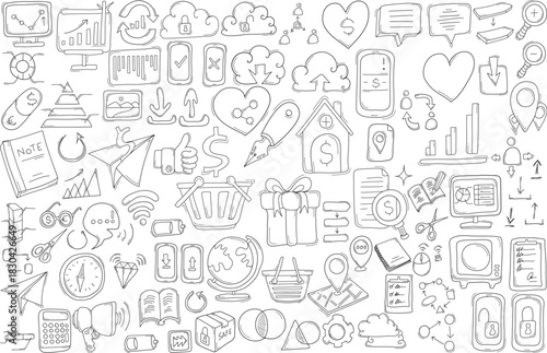 Business Related Doodle vector set. Drawing sketch illustration hand drawn line eps10