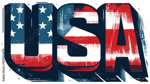 Vivid, distressed typography spells 'USA' in flag colors, blending star fields and stripes. Grunge texture conveys strength, patriotism, and dynamic energy suitable for campaigns