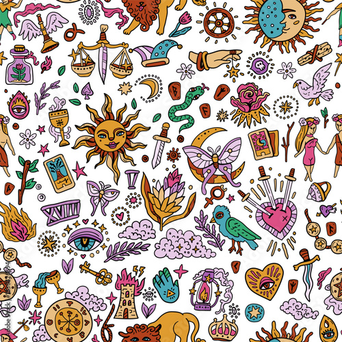 Tarot card seamless pattern. Bright background with tarot symbols. Fortune telling, magic. For Saints Day and Halloween. Sun, Moon. Sword, Heart, and Arrows. Magician