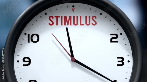 Stimulus that is going to happen soon. Upcoming stimulus, approaching in the near future. Stimulus almost here, in a short time - a clock symbolizes a reminder that stimulus is near.