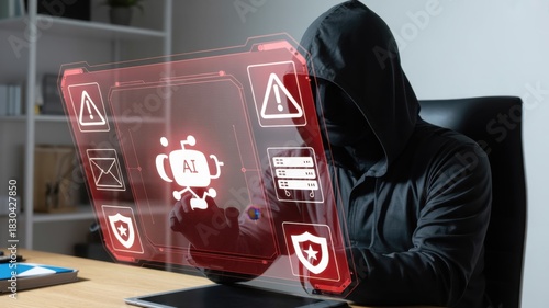 Wallpaper Mural Anonymous individual interacts with a translucent digital interface displaying artificial intelligence security warnings Torontodigital.ca