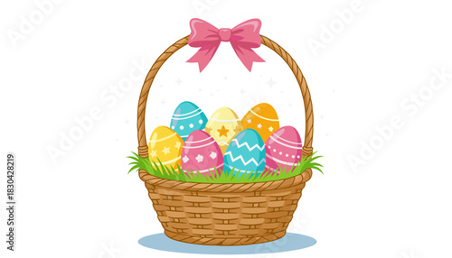 Colorful Easter eggs in woven basket with pink ribbon  