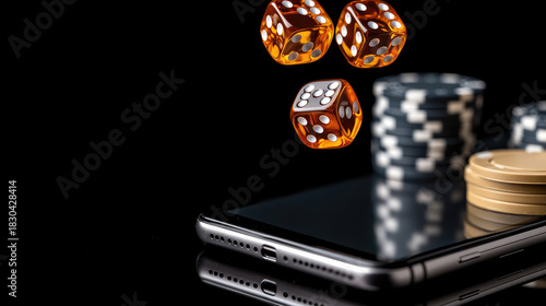 slot machine, poker chips, roulette, dice and gadget, symbolizing online casino gaming, copy space