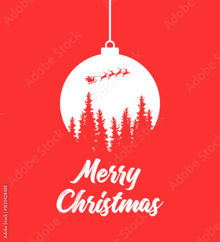 PrintMinimalist Christmas design featuring a red ornament with a forest silhouette and Santa’s sleigh flying above.