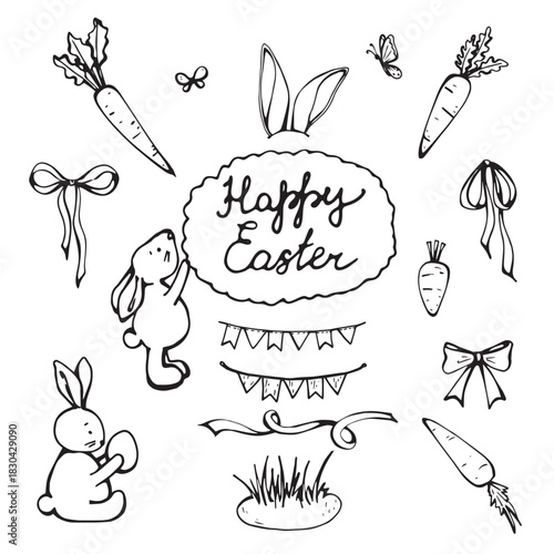 Happy Easter and cute spring set with eggs, bunny, spring flowers and carrot 