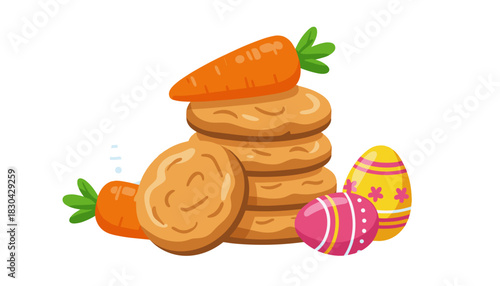 Colorful Easter cookies with carrots and decorated eggs on white background  