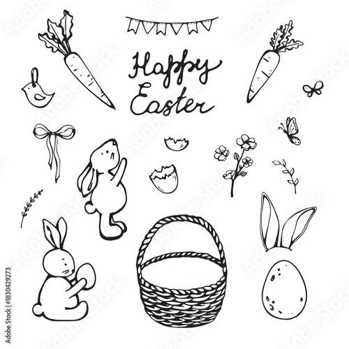 Happy Easter and cute spring set with eggs, bunny, spring flowers and carrot 