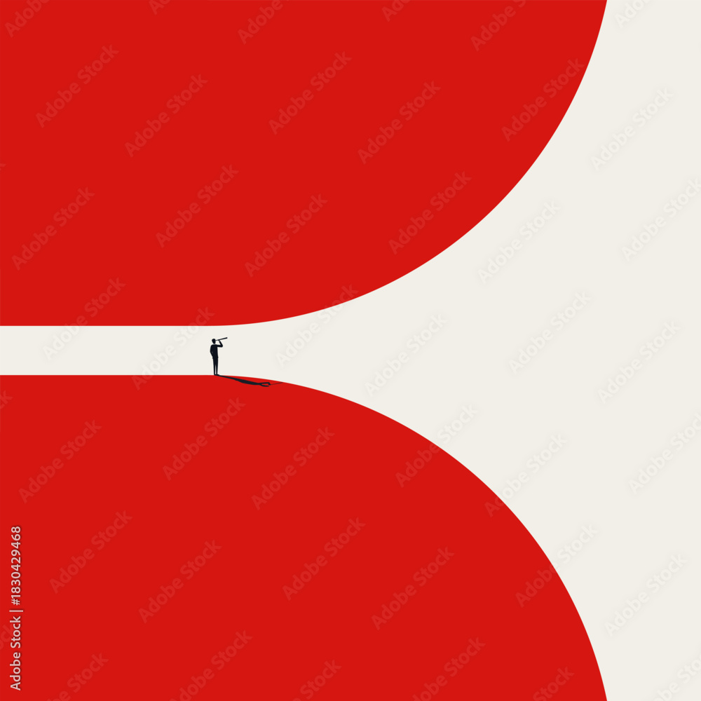 Obraz premium Minimalist vector concept illustration of a leader standing at a red horizon opening. This illustrates the search for new business opportunities, strategic planning, and future market expansion.