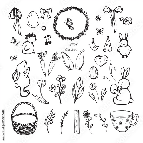 Happy Easter and cute spring set with eggs, bunny, spring flowers and carrot 