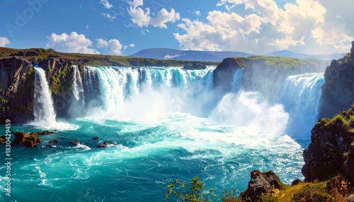 Majestic natural landscape with powerful waterfall cascading into vibrant turquoise river, surrounded by cliffs, greenery, and snow-capped mountains under colorful sunrise or sunset sky with warm glow