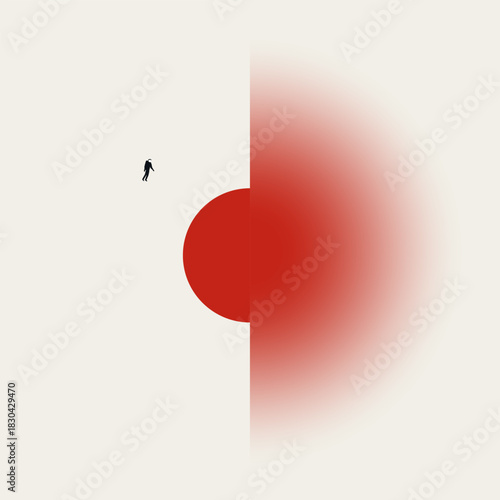 Minimalist vector concept art illustration of an astronaut floating near a red geometric planet. Symbolizes exploration, discovery, new frontiers, futuristic technology, and business innovation.