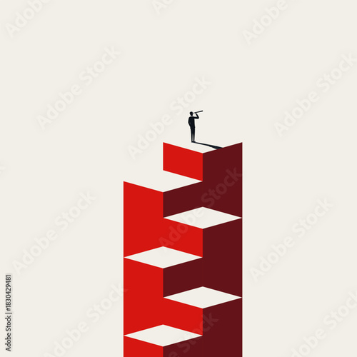 A minimalist vector concept illustration of a businessman standing at the peak of a staircase using a telescope. He is looking for new goals, symbolizing career success, leadership, strategic vision.