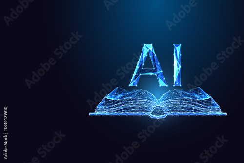 Artificial intelligence knowledge book glowing AI text in futuristic digital low poly style