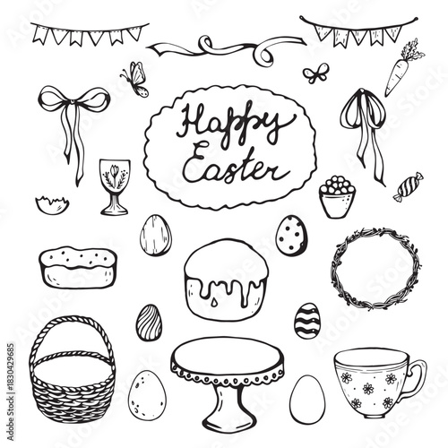 Happy Easter and cute spring set with eggs, bunny, spring flowers and carrot 