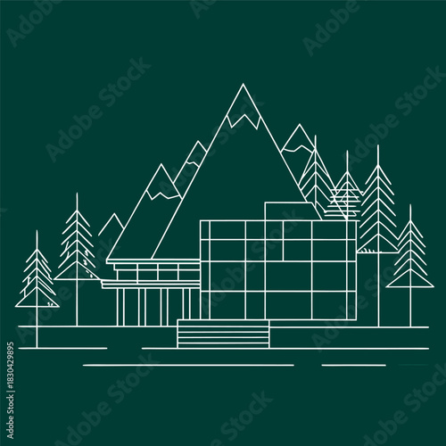 Minimal line-art illustration of a modern house in front of mountains