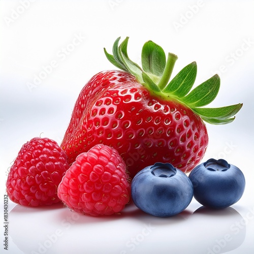 Fresh strawberries, raspberries, and blueberries arranged on a white reflective surface