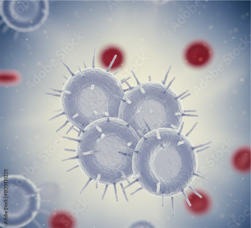 a 3D medical illustration depicting a cluster of spherical, spiky microorganisms—likely bacteria or viruses—against a pale background with scattered red blood cells. 