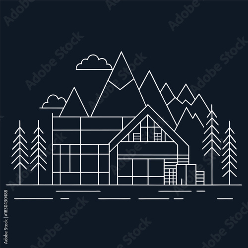 Minimal line-art illustration of a modern house in front of mountains