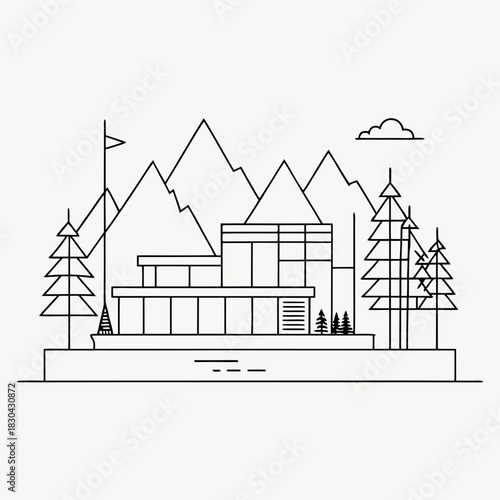 Minimal line-art illustration of a modern house in front of mountains
