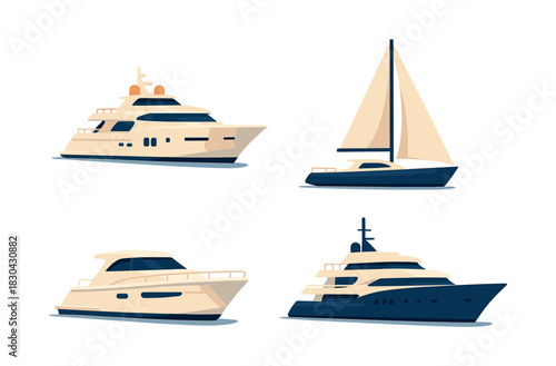Luxury yacht and sailboat collection, flat vector illustration of marine vessels