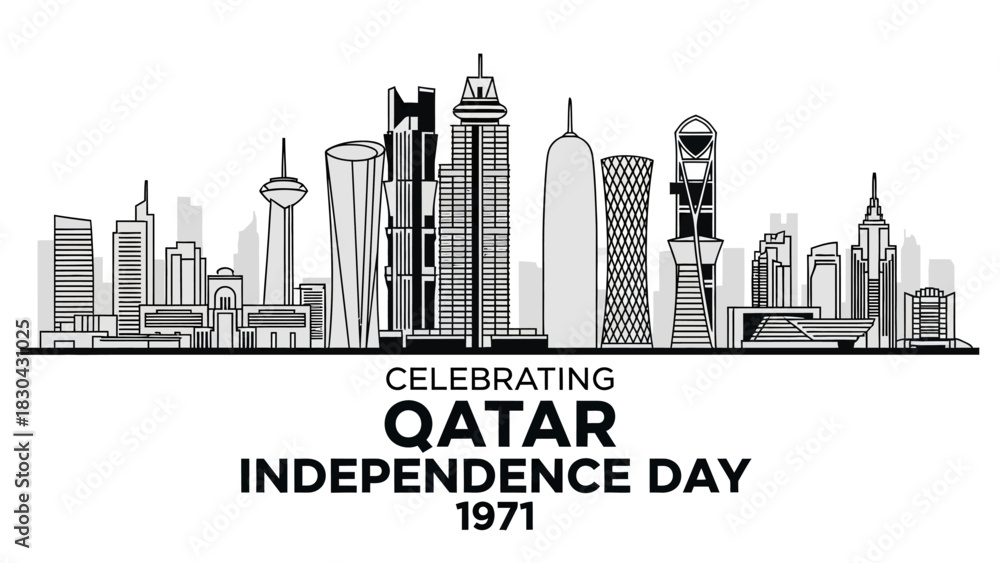 Obraz premium Black and white vector illustration of Doha city skyline celebrating Qatar Independence Day 1971 with modern buildings and skyscrapers.