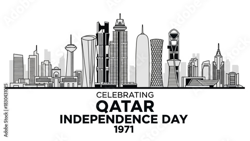 Black and white vector illustration of Doha city skyline celebrating Qatar Independence Day 1971 with modern buildings and skyscrapers.