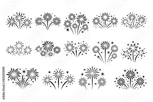 Black firework bursts and starbursts on white background