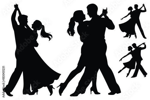 Black silhouettes of couples dancing ballroom vector