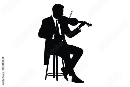 Black silhouette of a man playing violin on a stool
