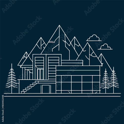 Minimal line-art illustration of a modern house in front of mountains