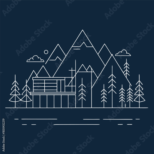 Minimal line-art illustration of a modern house in front of mountains