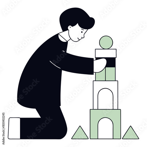 Child building a block tower with a playful and focused demeanor