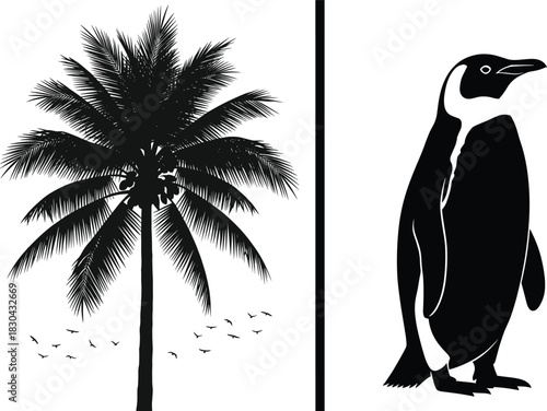 Vector Silhouette Duet Illustrating Extreme Climates, Featuring a Tropical Palm Tree with Flying Birds on One Side and an Antarctic Emperor Penguin on the Other, Representing Hot and Cold