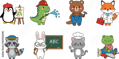 Cute Vector Set of Cartoon Animals in Various Professions, Including a Penguin Artist, Dinosaur Firefighter, Bear Mechanic, Fox Doctor, Raccoon Policeman, Rabbit Teacher, Cat Chef, and Frog Pilot