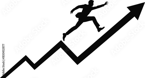 Silhouette businessman running upward on arrow symbolizing ambition, career success, motivation and achievement.