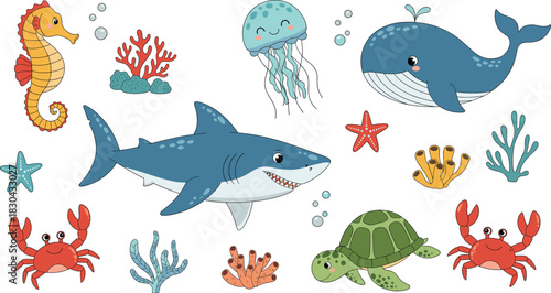 Cute Cartoon Vector Collection of Sea Animals and Coral Reef Life, Featuring a Shark, Whale, Seahorse, Jellyfish, Crabs, Turtle, and Starfish, Ideal for Children's Ocean Themes