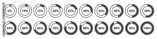 Infographics elements. Percentage round diagrams icons for infographics from 0 to 100 percent. Colour fill divided pie charts indicators in green, grey. Circle graph loading progress mockup.