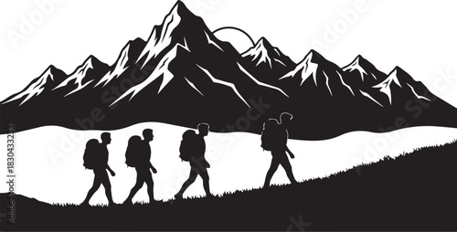 Mountain Hiking Silhouettes  Adventurer, Trekking & Camping Vector 
