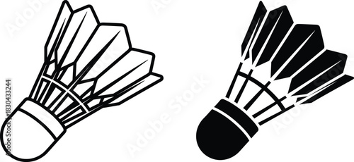 Minimalist Vector Illustration of a Badminton Shuttlecock in Both Outline Icon and Solid Silhouette Formats for Sporting Design