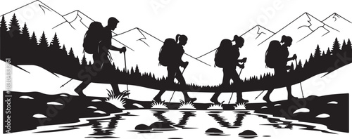 Mountain Hiking Silhouettes  Adventurer, Trekking & Camping Vector 
