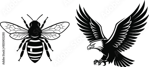 Bold Vector Set of Black and White Emblems, Featuring a Detailed Honey Bee or Wasp (Top View) and a Majestic Bald Eagle with Wings Spread, Symbolizing Power and Industry
