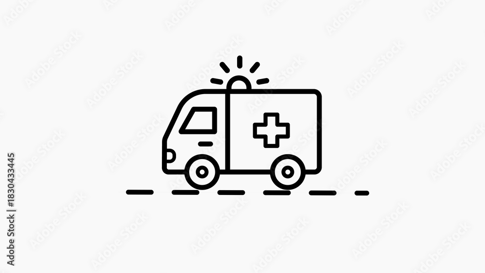 Fototapeta premium White line art ambulance icon with flashing light and road markings on white background Keywords: ambulance, emergency, medical, transport, vehicle, icon, symbol, healthcare, rescue, help, siren