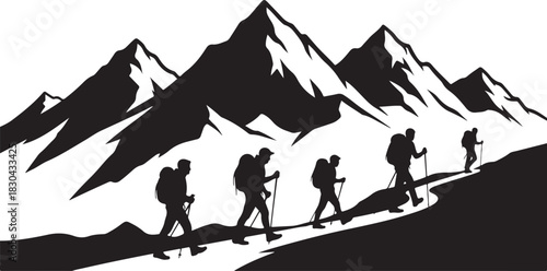 Mountain Hiking Silhouettes  Adventurer, Trekking & Camping Vector 
